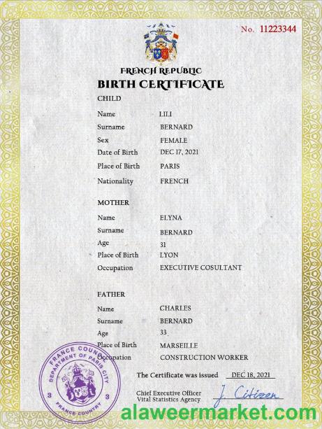 France vital record birth certificate PSD template